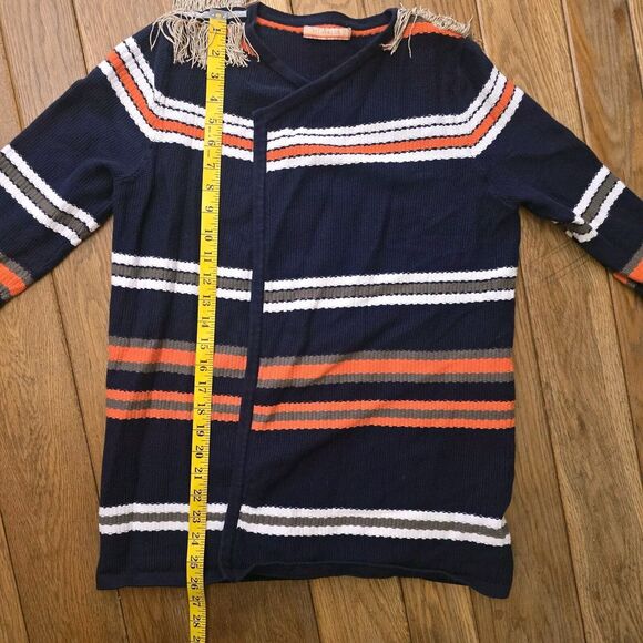 Vilagallo Navy Blue Multicolor Stripe Open Front Cardigan Fringe Shoulder S/M - Picture 15 of 16